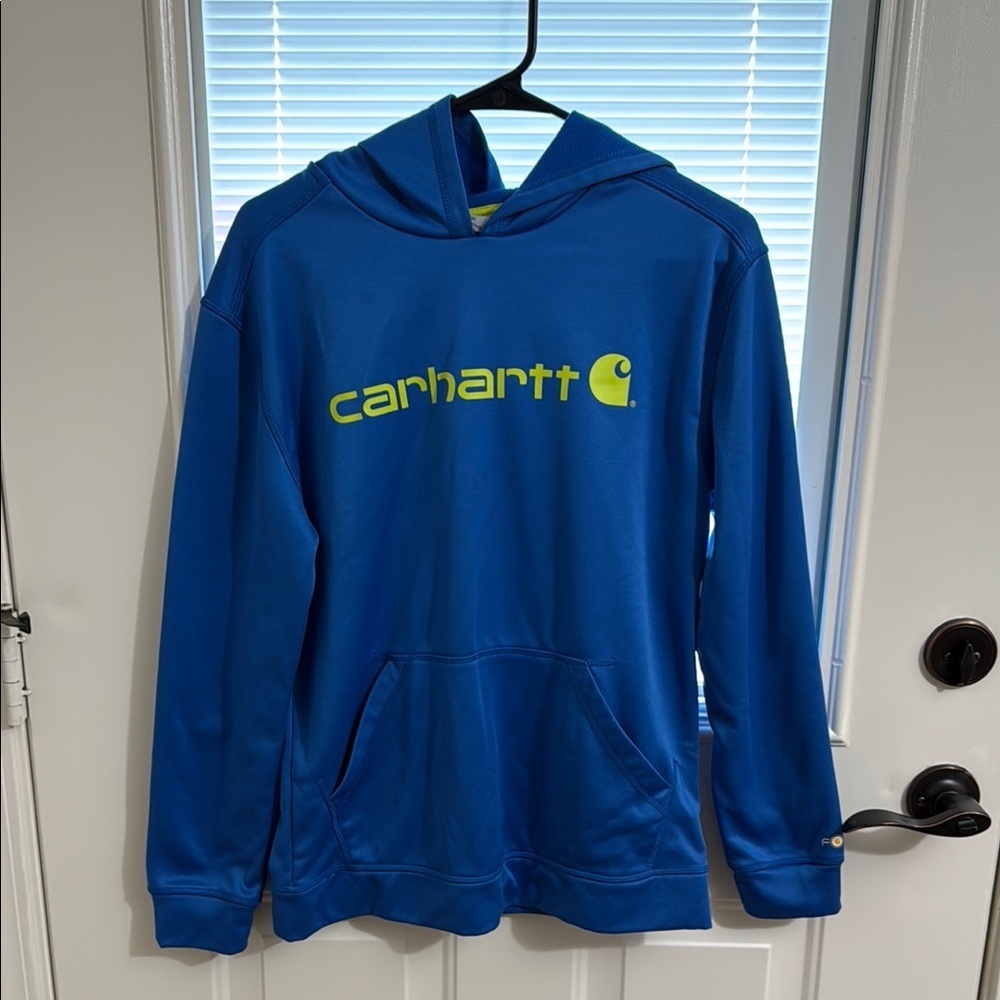 Boys Carhartt Royal Blue Hoodie with Neon Logo Size 14/16